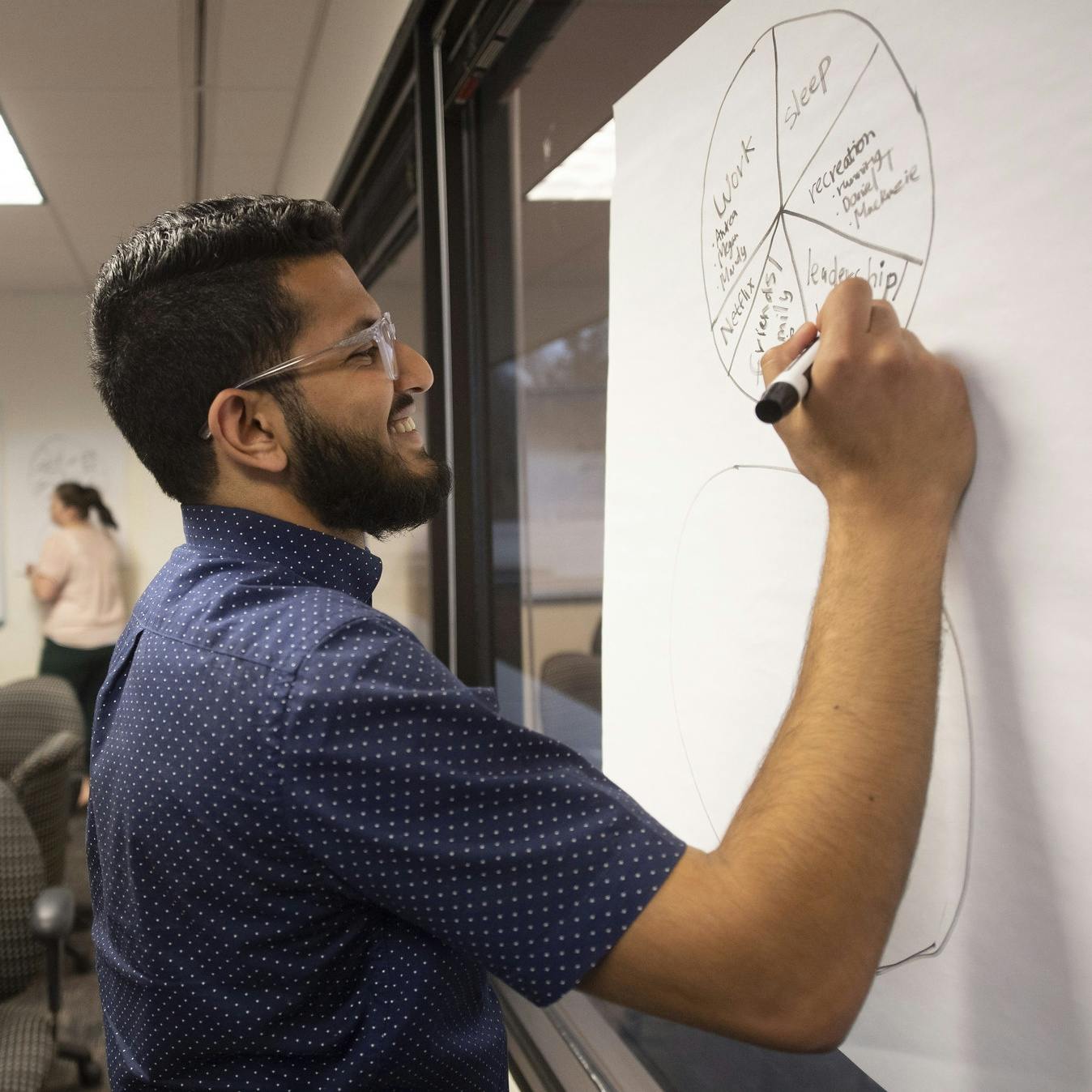 A student participates in a graduate class