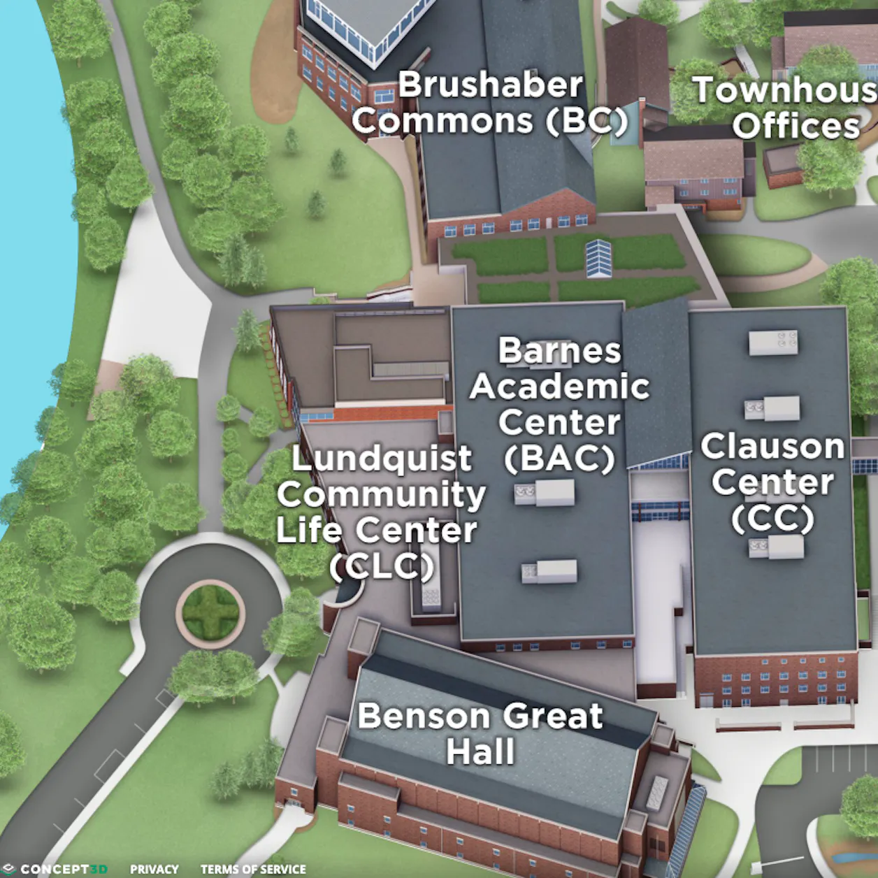 Map view of central campus buildings.
