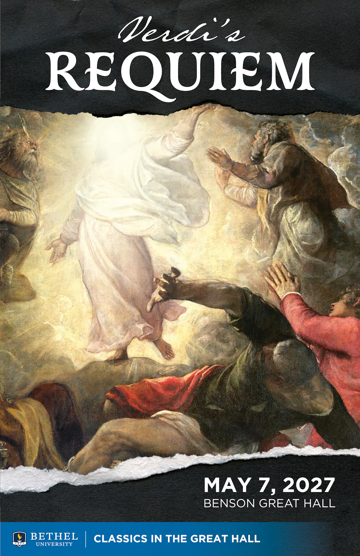 Painting of the Ascension of Jesus Christ, information for Classics in the Great Hall on May 7, 2027 in Benson Great Hall. Tickets available at bethel.ticket.edu