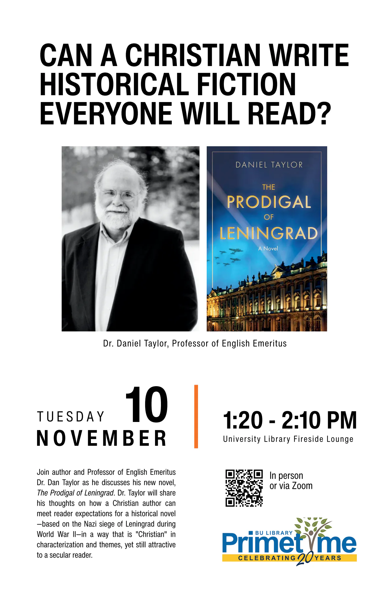 An event poster showing the author and his book and details of the event.