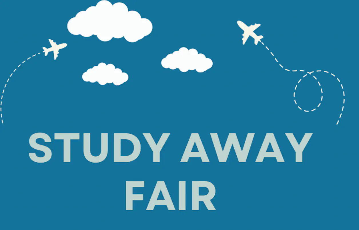 Image of clouds and airplanes around a title that reads, "Study Away Fair."