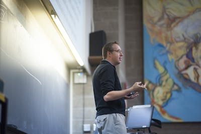 Assistant Professor of History Sam Mulberry ’99, who spent his sabbatical interviewing Bethel faculty on-camera and creating a documentary.