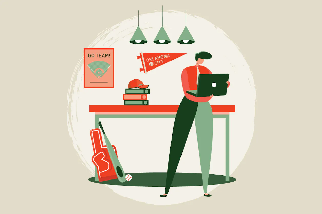 Illustration of man looking at a laptop in a baseball locker room.