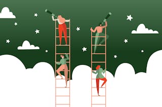 Illustration of people climbing ladders and looking at the stars.