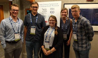 Isaac Vliem '21, Professor of Physics Nathan Lindquist, Marit Engevik '22, Britta Nordberg '22, and Zach Tebow '20 stop for a picture at national physics conference.
