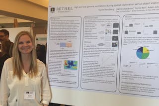 Rachel Nordberg ’19 presents a poster at the Minnesota Undergraduate Psychology Conference, in spring 2017. The poster featured research from Professor of Neuroscience Adam Johnson’s lab.