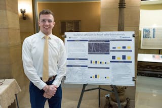 Chemistry major Brett Norling ’19 presented his research on “Bacterial Adhesion to Heart Valve Biomaterials.” 