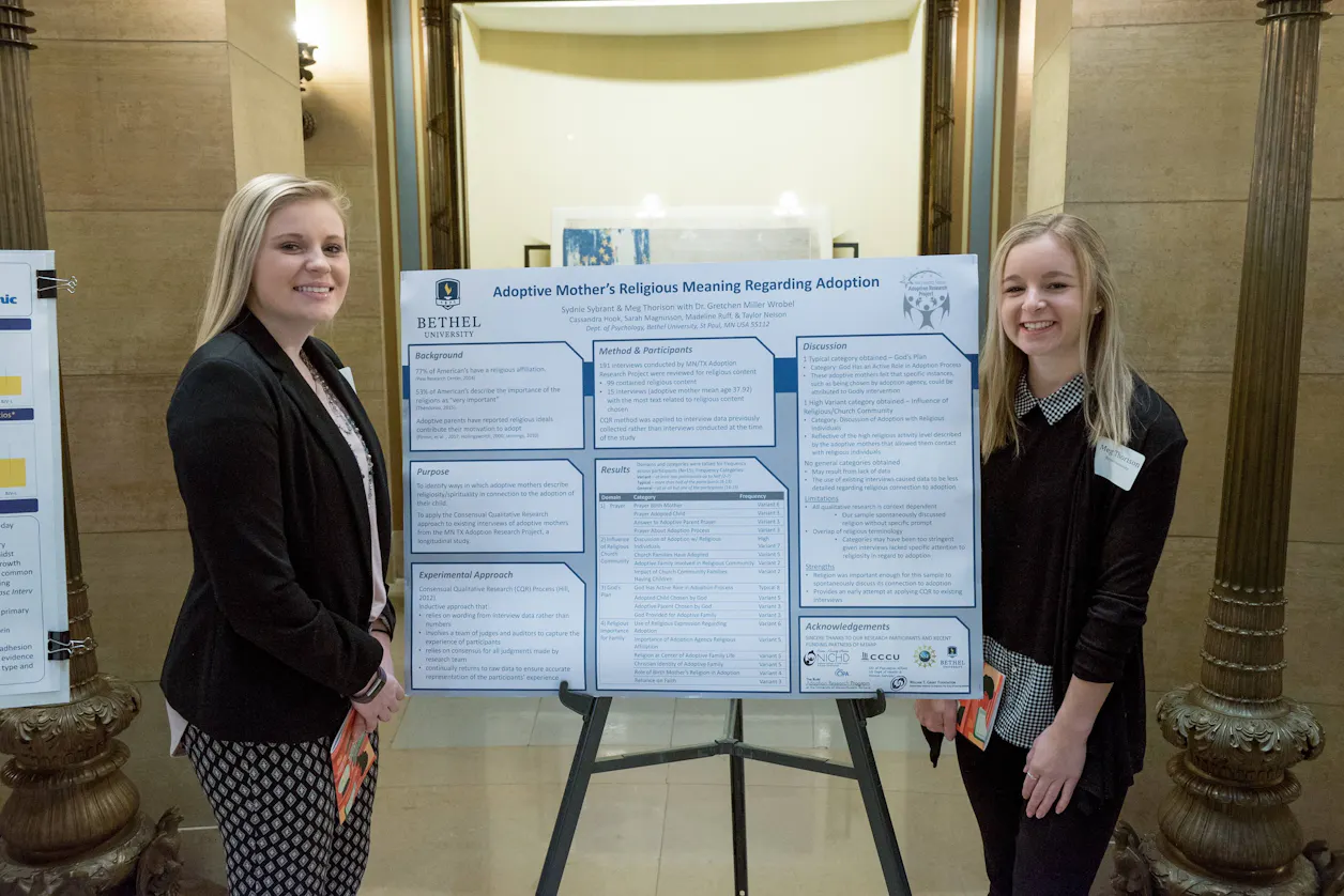 Psychology majors Sydnie Sybrant ’20 and Meg Thorison ’19 presented their research on “Adopted Mother’s Religious Meaning Regarding Adoption.” 