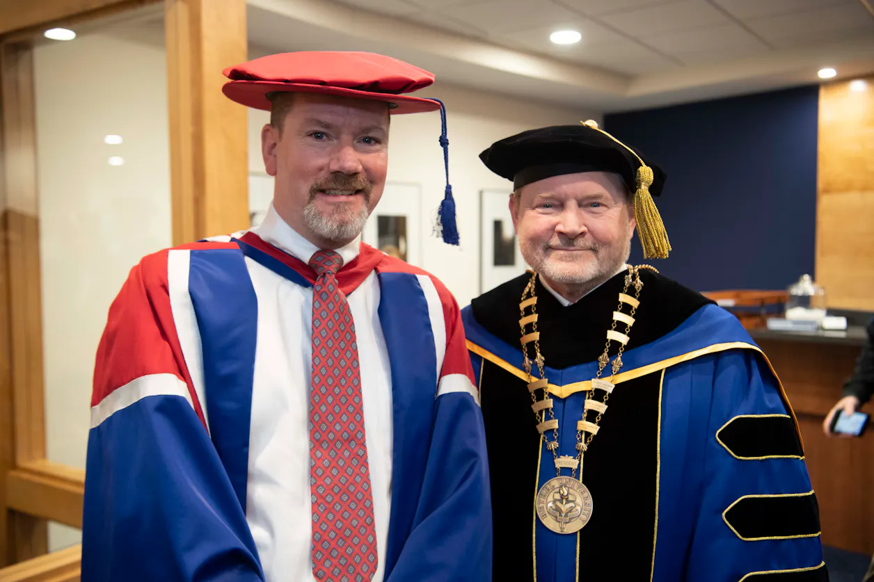 Peter T. Vogt S’97, a former Old Testament faculty member, was installed as dean of Bethel Seminary on February 4. Vogt, left, stands with Bethel University President Jay Barnes before the service. 