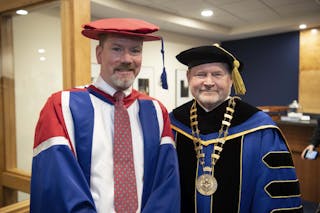 Peter T. Vogt S’97, a former Old Testament faculty member, was installed as dean of Bethel Seminary on February 4. Vogt, left, stands with Bethel University President Jay Barnes before the service. 