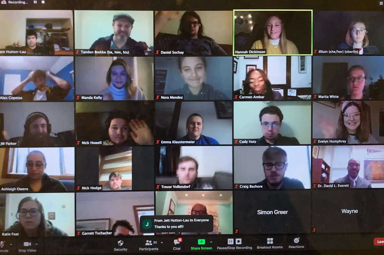 Students from Bethel, Oberlin College, and Hamline University met online over Zoom for the class. 