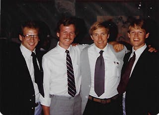 Doug is on the far left and Dan is on the far right. Between them are Brian Doten ’81, S’87 and former Bethel Professor Steve Simpson.