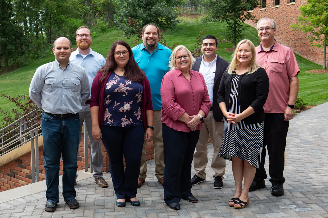 New faculty in the College of Arts & Sciences: (Back row, left to right): Chris Shofner, communication studies, Nick Zeimet, social work; Omar Fakhri, philosophy; David Tweeten, chemistry. (Front row, left to right): Miguel Balzan, engineering; Aynsley Scheffert, social work; Beth Anderson, nursing; Betsy Anderson, communication studies.