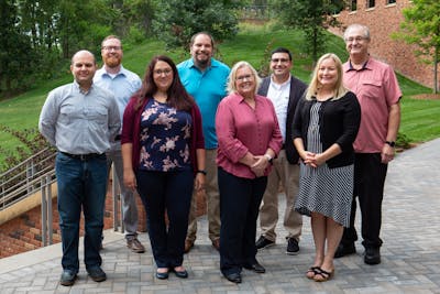 New faculty in the College of Arts &amp; Sciences: (Back row, left to right): Chris Shofner, communication studies, Nick Zeimet, social work; Omar Fakhri, philosophy; David Tweeten, chemistry. (Front row, left to right): Miguel Balzan, engineering; Aynsley Scheffert, social work; Beth Anderson, nursing; Betsy Anderson, communication studies.