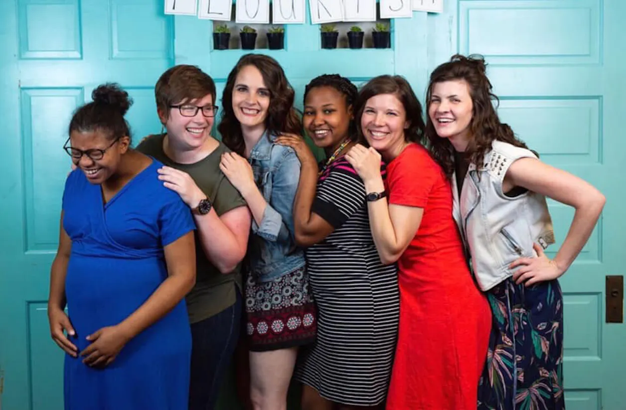 Rachel Hanus (second from right) with a group of ESTHER Homes moms and staff at a Mother's Day event.