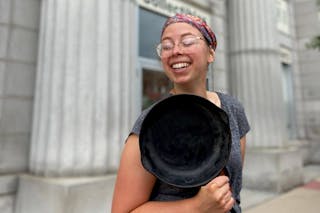Ranae Pageler with a cast iron frying pan