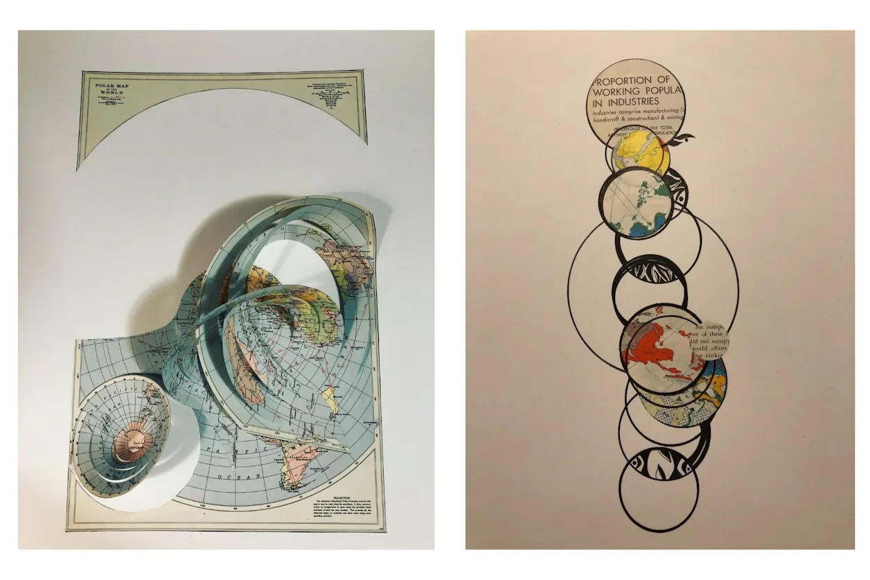 "The gifts that artists have, their mentality to see things in variations of gray, to honor diverse perspectives, and to explore mystery are so essential for the world right now," Pszwaro says. Left: "Divergent and Convergent Boundaries" | Paper Cutting | 2021 Right: "Industry and Occupancy" | Paper Collage and Pen | 2020
