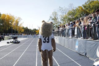 Bethel's mascot, Roy, and Royal Stadium’s new nine-lane track