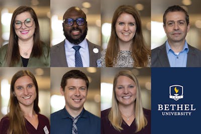 New faculty members from left to right, top to bottom: Leah Qubty, Marcus Simmons, Jackie Towner, JB Al Hourani, Rebekah Bain, Foster Graif, and Lisa Breger.