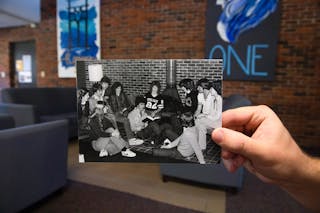 Bodien Residence Hall Lobby | 1986 (inset) and 2021 | photo held by Colby Johnson ’25, political science and business major