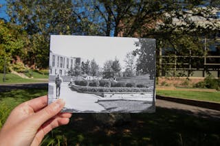 Kresge Courtyard and Nelson Residence Hall | 1980s (inset) and 2021 | photo held by Annika Hillstrom ’24, organizational communication and graphic design major