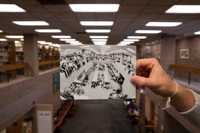 Bethel University Library Atrium Chapel Service | 1973 (inset) and 2021 | photo held by Benn McKean ’25, business and psychology major