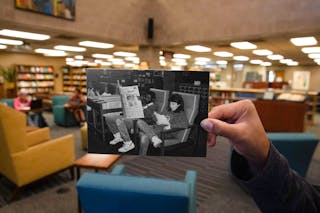 Bethel University Library Study Area | 1980s (inset) and 2021 | photo held by Lulu Shwe ’25, art therapy major