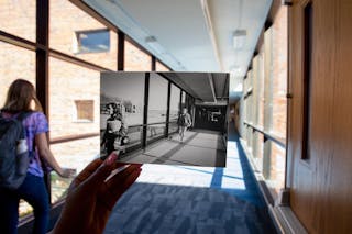 Hallway to Hagstrom Center | 1970s (inset) and 2021 | photo held by Abby Gessesse ’23, community health major