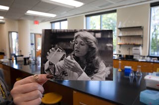 Chemistry Lab | 1970s (inset) and 2021 | photo held by Hailey Thom ’22, biology major 