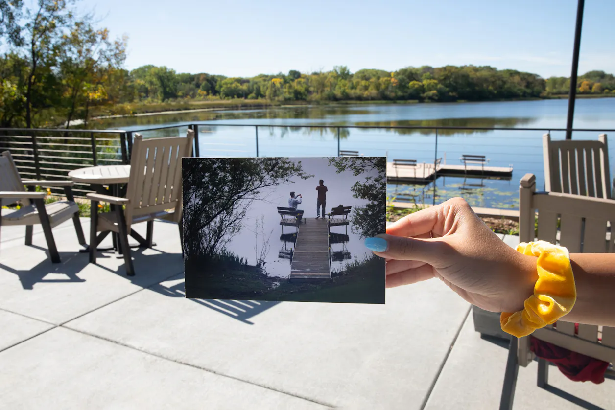 Dock on Lake Valentine | 2016 (inset) and 2021 | photo held by Amy Ruiz Plaza ’23, biology major