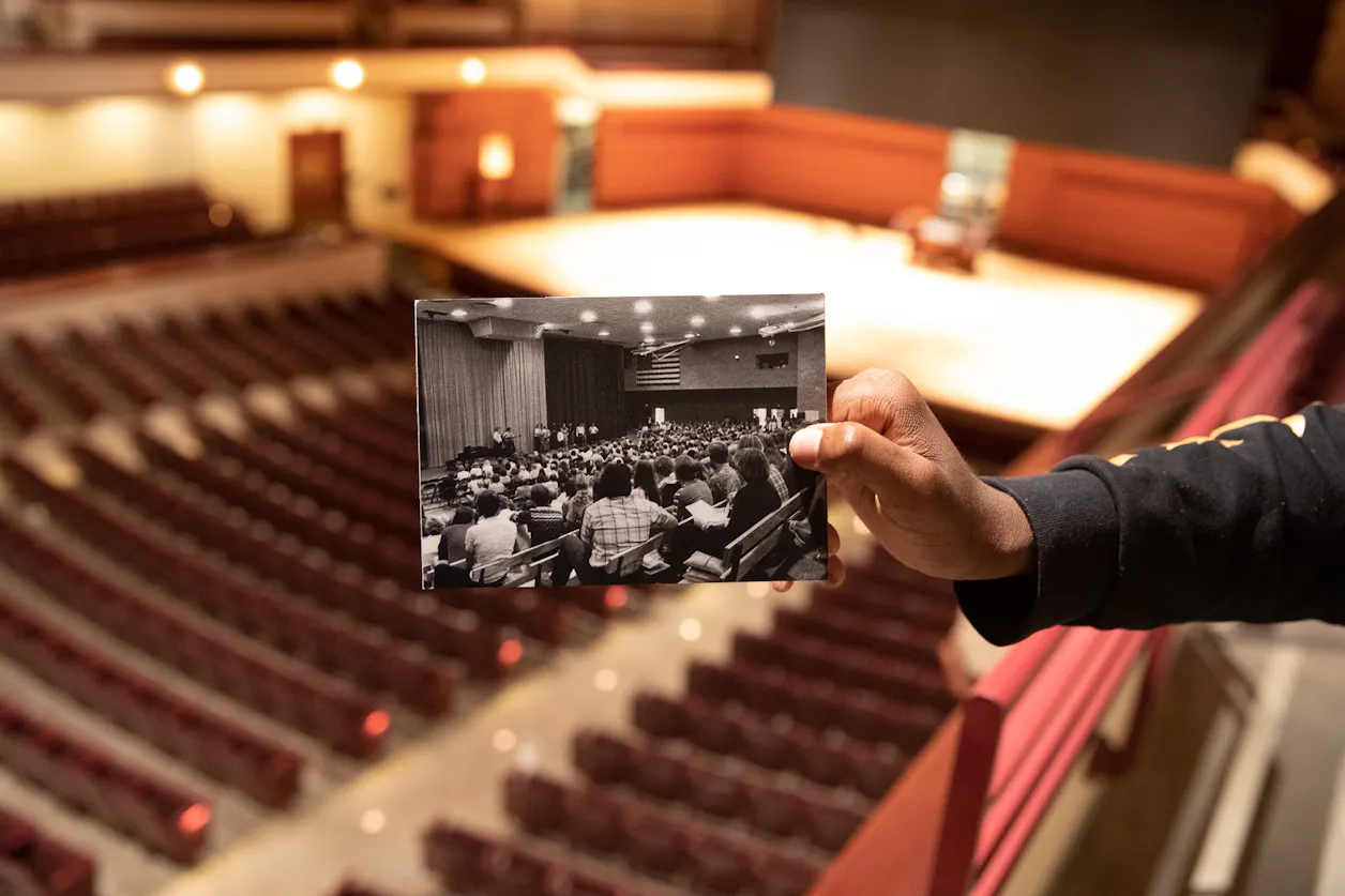 Chapel locations: Robertson Center Gymnasium & Benson Great Hall | 1970s (inset) & 2021 | photo held by Terrence Johnson ’25, accounting and finance major
