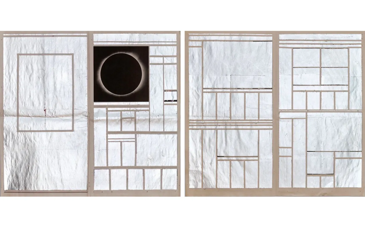 Total Solar Eclipse (left) & Quadrantid Meteor Shower (right) | silverleaf on unfolded page of the New York Times