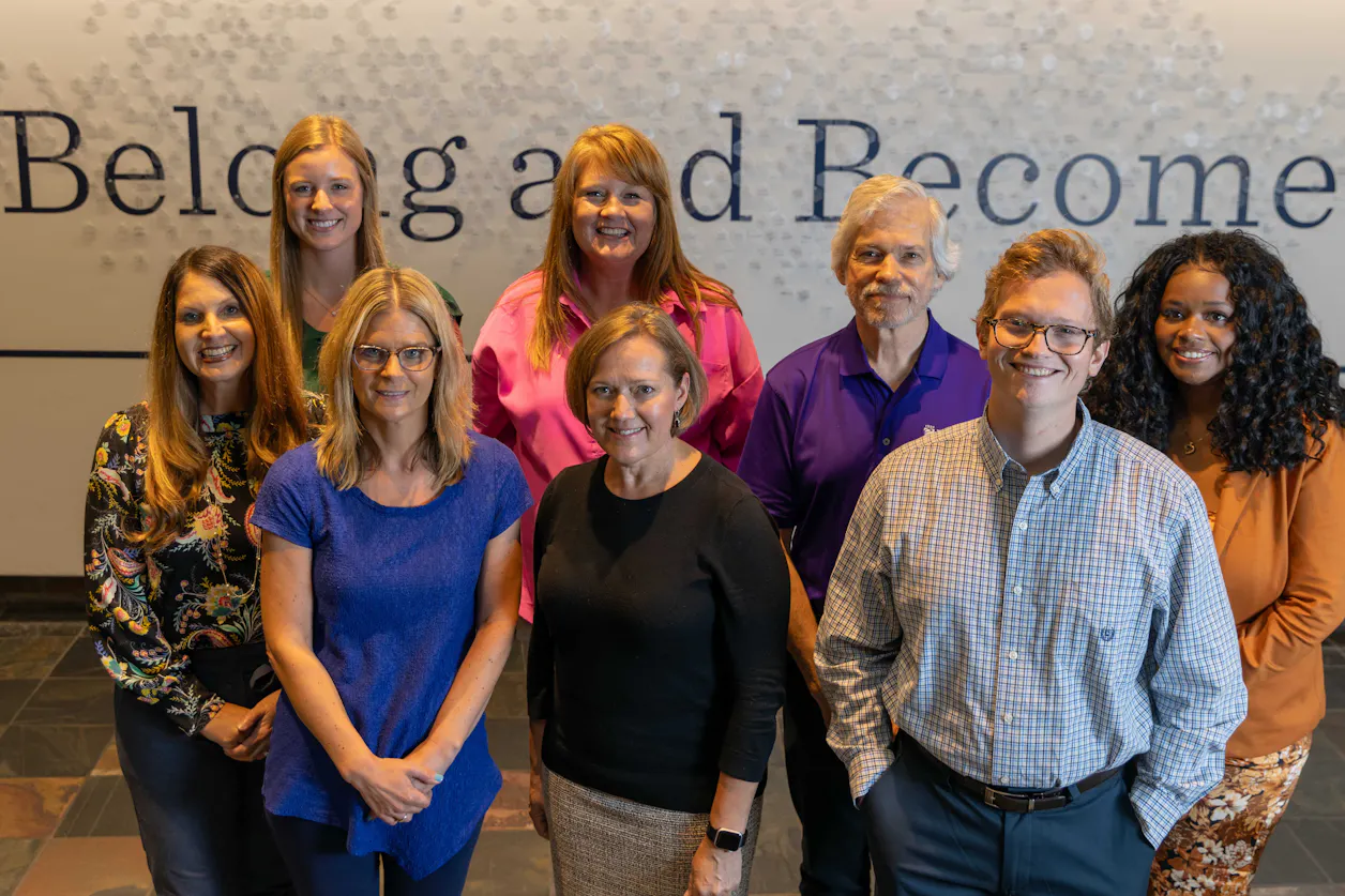 New faculty at Bethel Univeristy. Back row, left to right: Abbie Marten, Paige Hardy, Jon Dalger, and Taneesha Douglas. Front row: Teri Emenecker, Tara Cheath, Jana Nohrenberg, and Michael Discher. Not pictured: Wayne Raman-Nair, Polly Hendell, and Krista Nauman. 