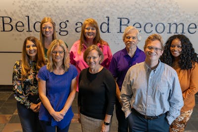 New faculty at Bethel Univeristy. Back row, left to right: Abbie Marten, Paige Hardy, Jon Dalger, and Taneesha Douglas. Front row: Teri Emenecker, Tara Cheath, Jana Nohrenberg, and Michael Discher. Not pictured: Wayne Raman-Nair, Polly Hendell, and Krista Nauman. 