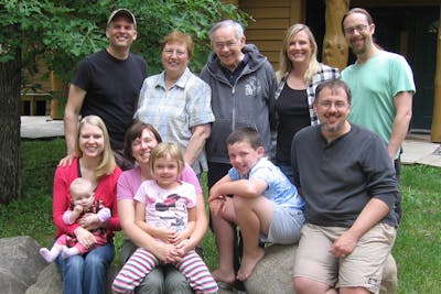 Carole ’64 and Jim Spickelmier ’63, S’68 pose with their children and grandchildren back in 2013.