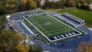 An aerial photo of the football field during Homecoming at Bethel University