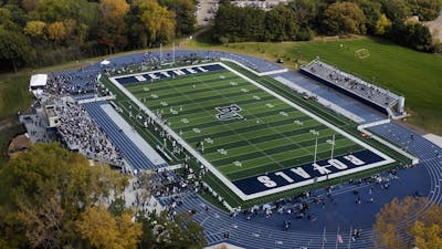 An aerial photo of the football field during Homecoming at Bethel University