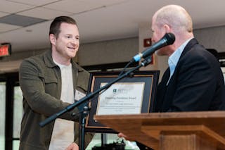 Bethel Seminary Dean Peter Vogt awarded Eagle Brook Senior Pastor Jason Strand ’01, S’07 the Preaching Excellence Award at the Preaching Showcase on May 1, 2024. 