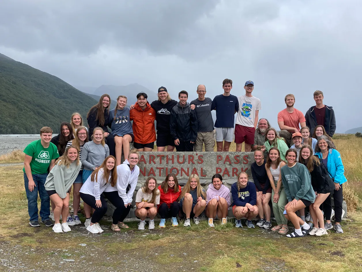 Students and faculty at Arthur's Pass National Park, New Zealand, on the “Science and Technology in New Zealand” trip, January 2024