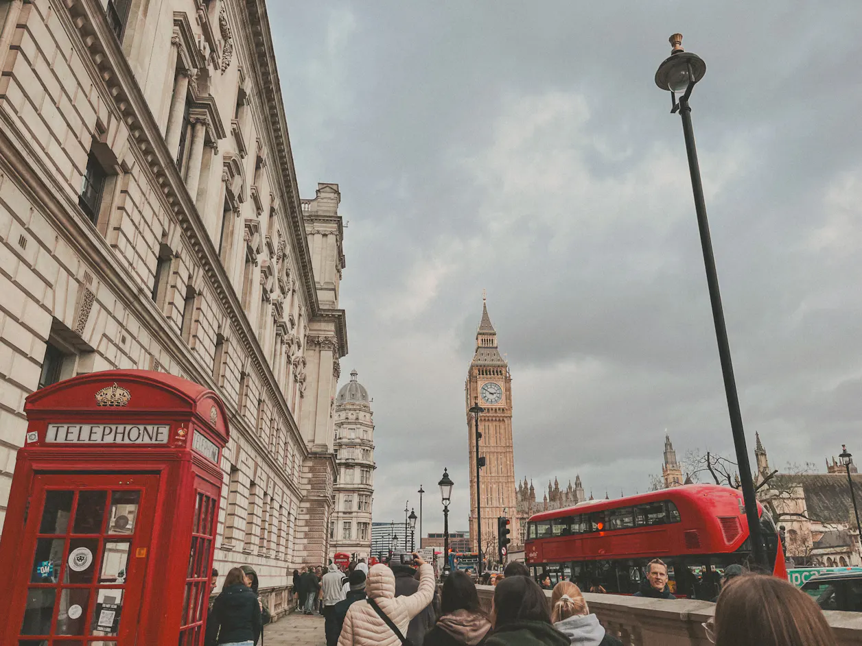 Big Ben is seen in the distance as students walk through London, England, on the International Business in Europe trip, January 2024