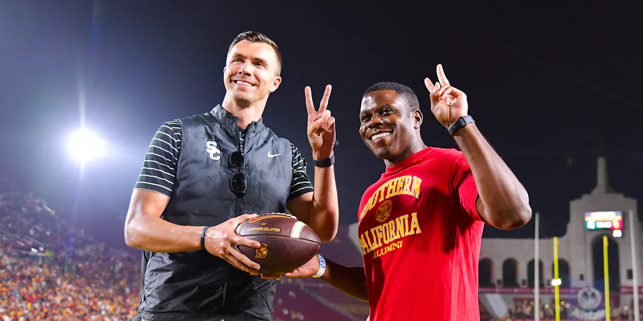 Game ball presentation after last weekend’s game against Michigan State at LA Memorial Coliseum. Photo credit: John McGillen/USC Athletics. 