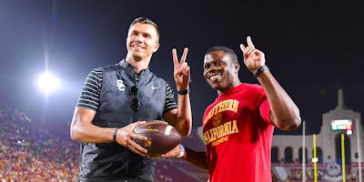 Game ball presentation after last weekend’s game against Michigan State at LA Memorial Coliseum. Photo credit: John McGillen/USC Athletics.