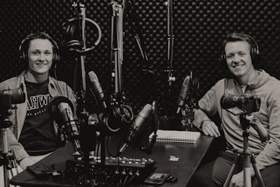 Adam and Travis Jensen ’24. Travis was Adam’s first podcast guest and returned for the final episode of season one. 