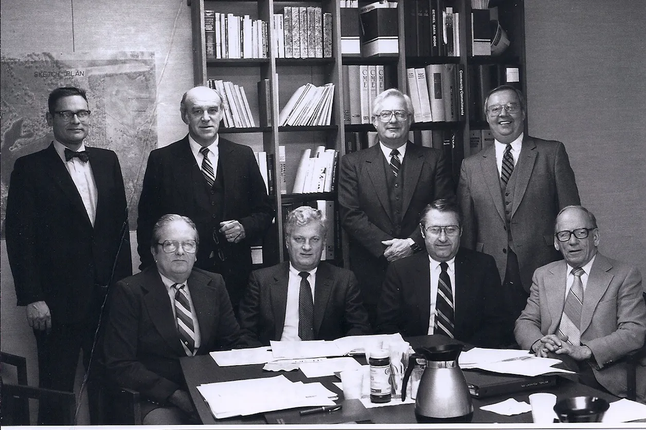 Don Benson (center) poses with the rest of the Bethel Foundation Board of Governors and past Bethel President George Brushaber (standing, far right) in the board's early days. 
