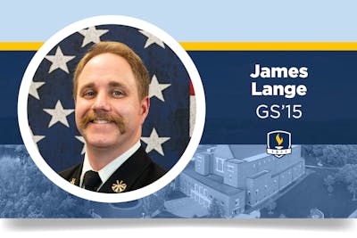 Headshot of James Lange GS'15 in uniform as Fire Chief of the Fridley Fire Department.