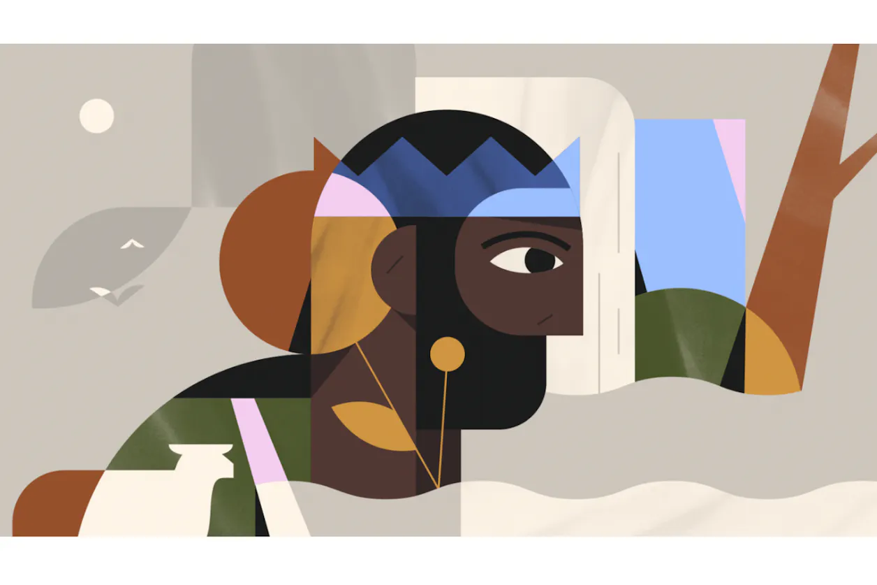 Sketches turn into colored illustrations. The once black and white lined sketch is now filled with color and shapes that depict a king and rich foliage.