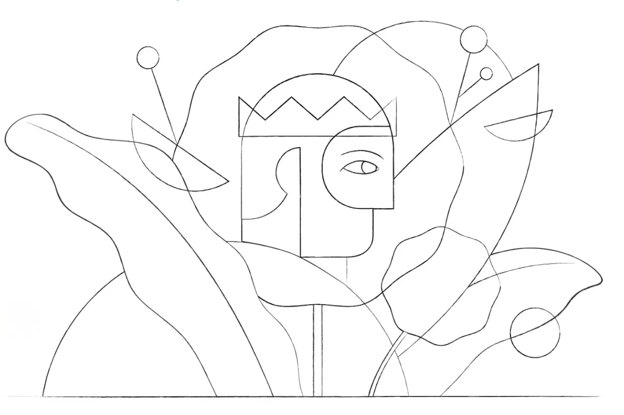 A black and white sketch of abstract art centered on the profile of a king surrounded by vegetation-like lines.