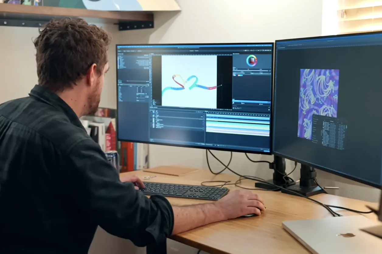 Greg Stewart '13 sits at his desk with a dual monitor set up working out an animation of bright highlights. 