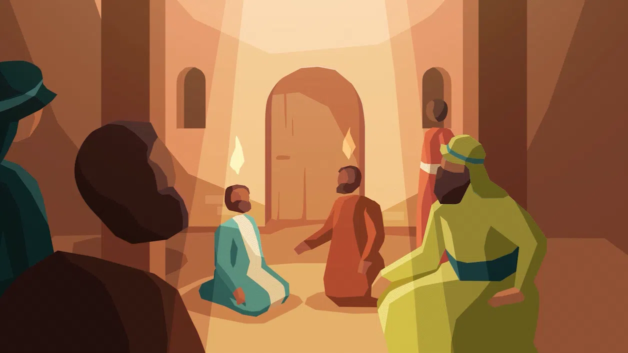 A series of stylized and faceless men stand and kneel in a room with small flames above their heads to visually show the day of Pentecost in the Bible.