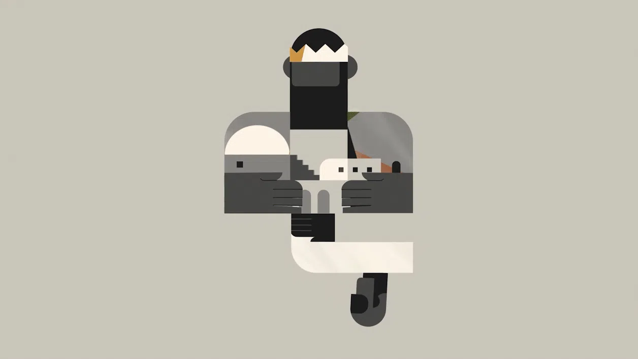 An animated image depicts a series of moving shapes that resemble two people to visually show the concept of the last will be first and the first will be last in Scripture.